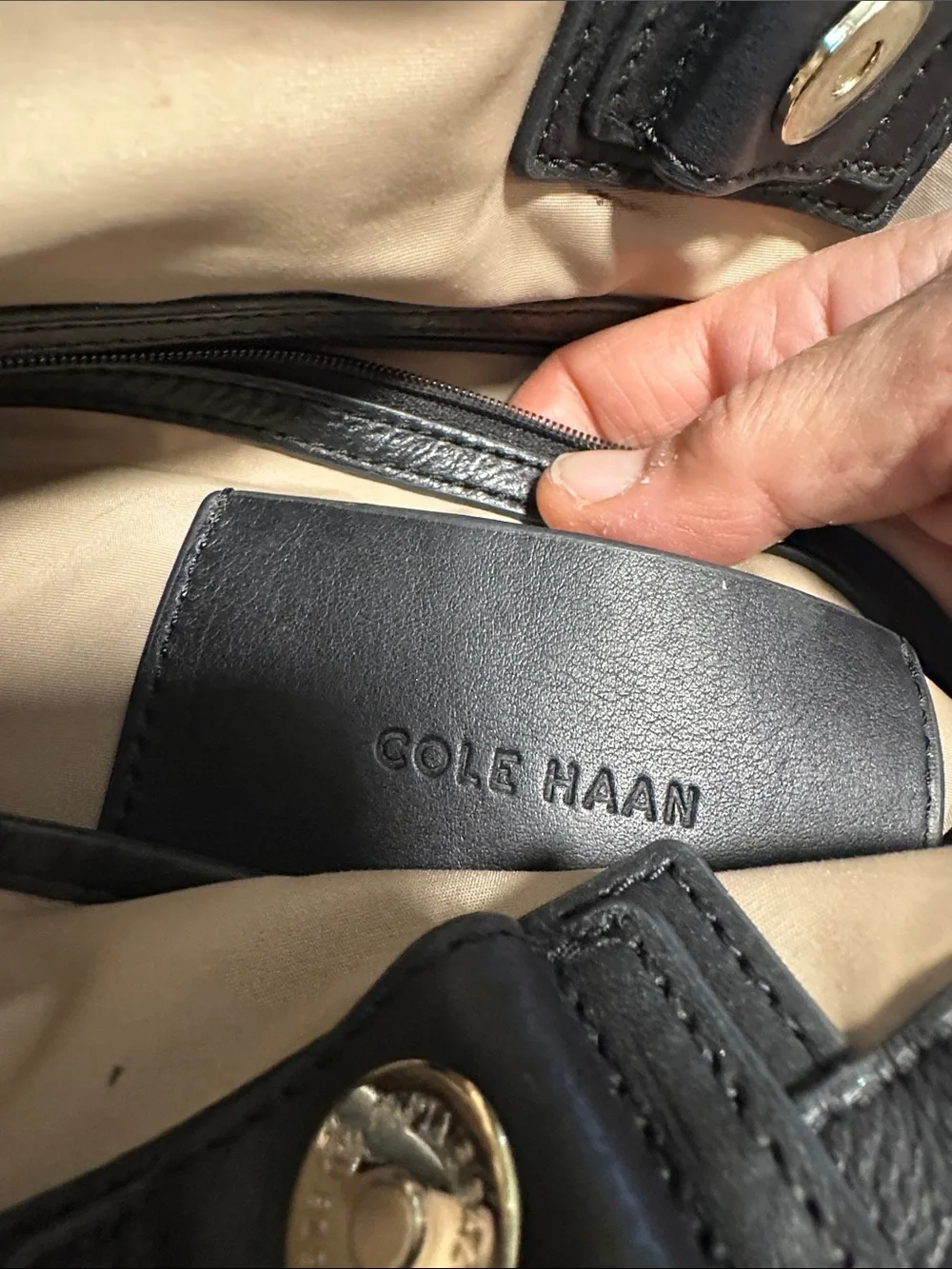 Cole Haan Black Leather Brief Tote with Front Zip Pocket